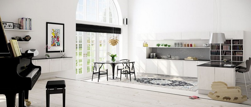conception cuisine -armoires-blanches-crédence-mosaique-table-chaises-noires