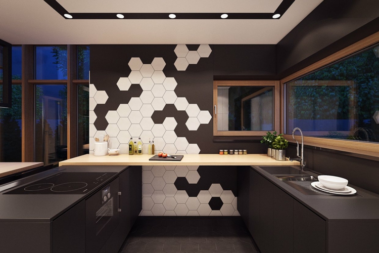 deco-loft-luxe-carrelage-hexagonal-noir-blanc-cuisine déco loft