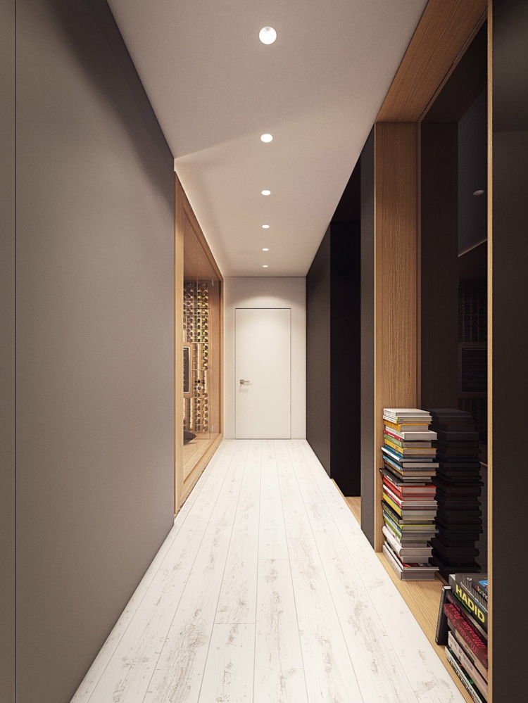 deco-loft-luxe-corridor-bois-blanchi-murs-gris-mat-espace-rangement
