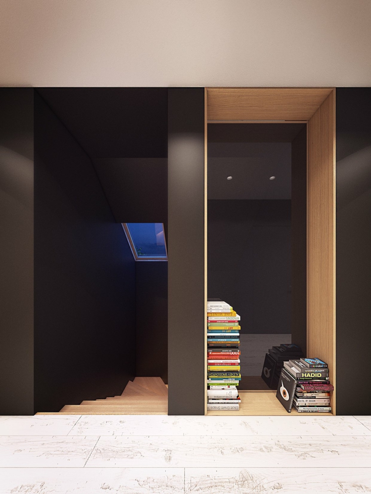 deco-loft-luxe-escaliers-bois-murs-noirs-spots-led-espace-rangement