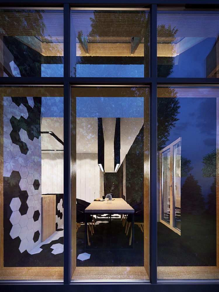 deco-loft-luxe-fenêtres-cadre-alu-carrelage-noir-blanc-hexagonal-table-manger-bois déco loft