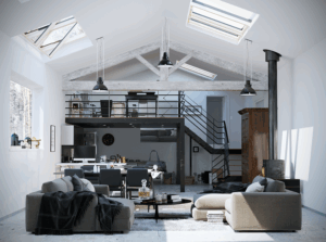 deco-loft-luxe-murs-blancs-canapés-gris-coin-repas-cheminée-vintage