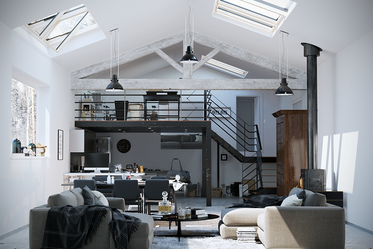 deco-loft-luxe-murs-blancs-canapés-gris-coin-repas-cheminée-vintage
