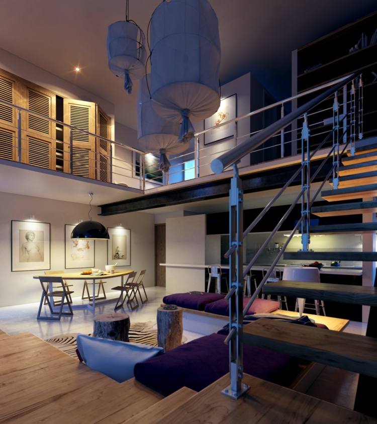 deco-loft-luxe-sol-bois-massif-escalier-coin-repas-suspension-demi-cercle