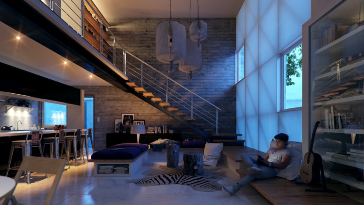 deco-loft-luxe-tapis-imprimé-zèbre-lits-escalier-cuisine-bar déco loft