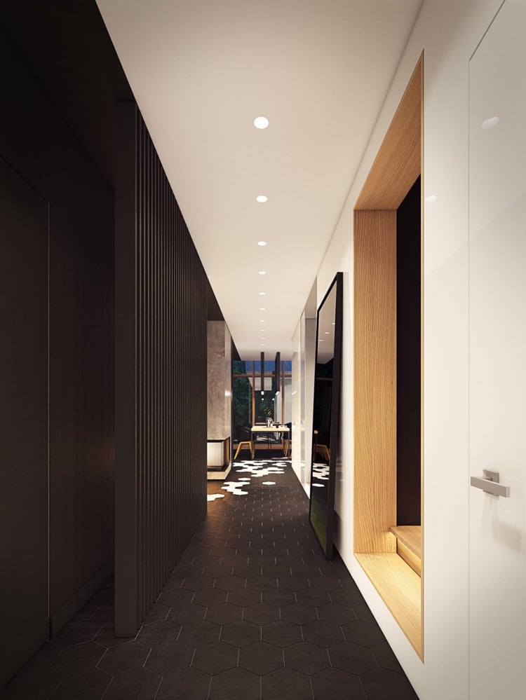 deco-loft-luxe-vestibule-carreaux-noirs-hexagones-murs-noirs-blancs-miroir déco loft