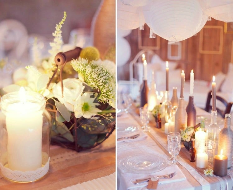 deco-mariage-champetre-bougies-blanhes-bouteilles-décorées-centre-table-fleurs