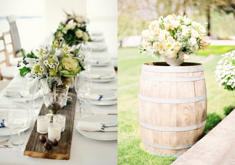 deco-mariage-champetre-centre-table-latte-bois-arrangements-floraux-bougies-tonneau