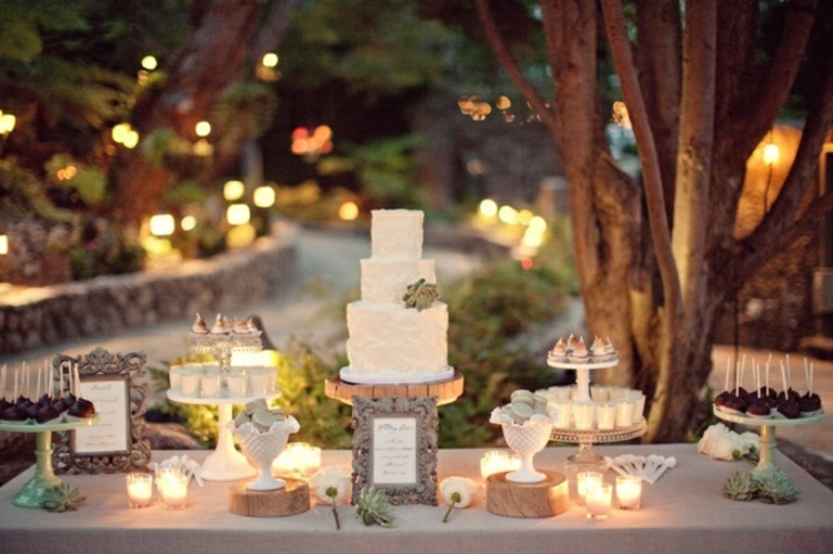 deco-mariage-champetre-gâteau-blanc-cupcakes-plantes-succulentes-bougies