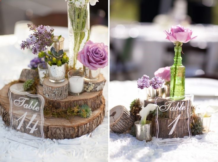 deco-mariage-champetre-numéro-table-arrangement-rondelles-bois-roses-lilas