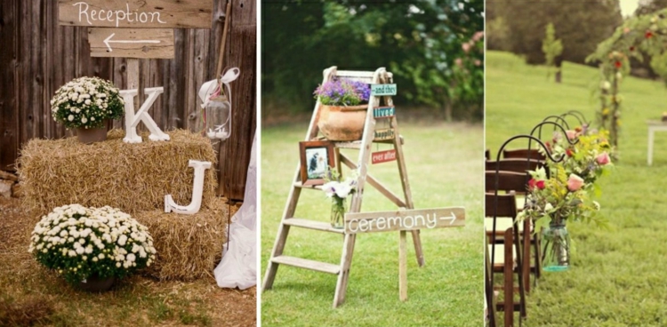 deco-mariage-champetre-paille-échelle-bois-chaises-décorées-fleurs