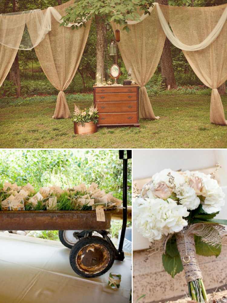 deco-mariage-champetre-rideaux-toile-jute-hortensias-ruban-jute-commode-bois-vintage déco mariage champêtre