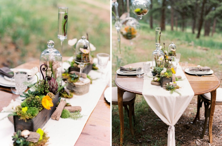 deco-mariage-champetre-table-bois-chemin-table-blanc-arrangements-floraux-vases-boules