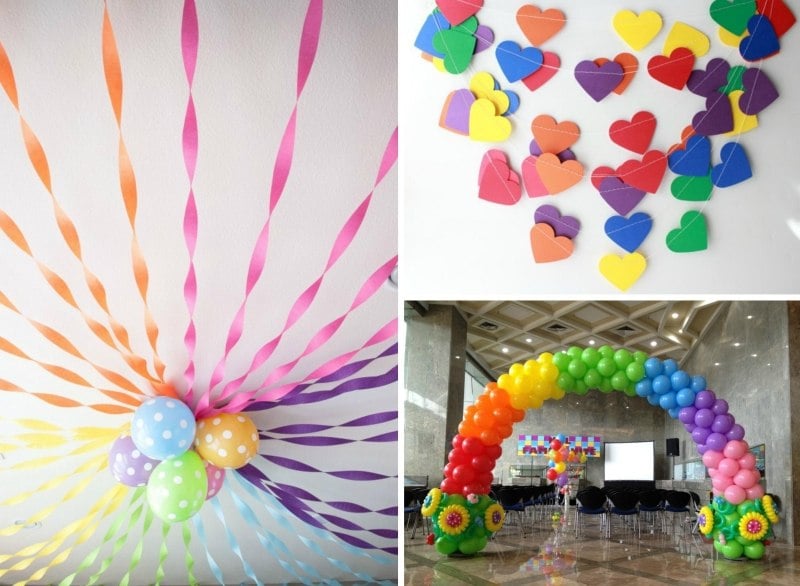 decoration-anniversaire-enfant-arc-en-ciel-ballons-guirlandes-coeurs-multicolores décoration anniversaire enfant
