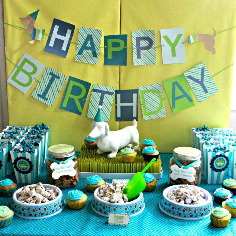 decoration-anniversaire-enfant-chien-popcorn-bleu-blanc-sucreries-cupcakes