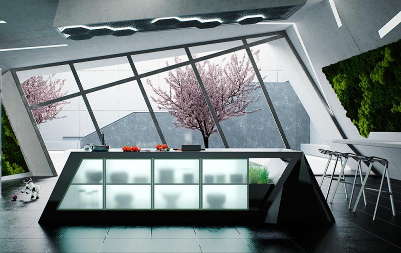 design-conception-cuisine-îlot-espace-rangement-fenêtre-mur-végétalisé-futuriste
