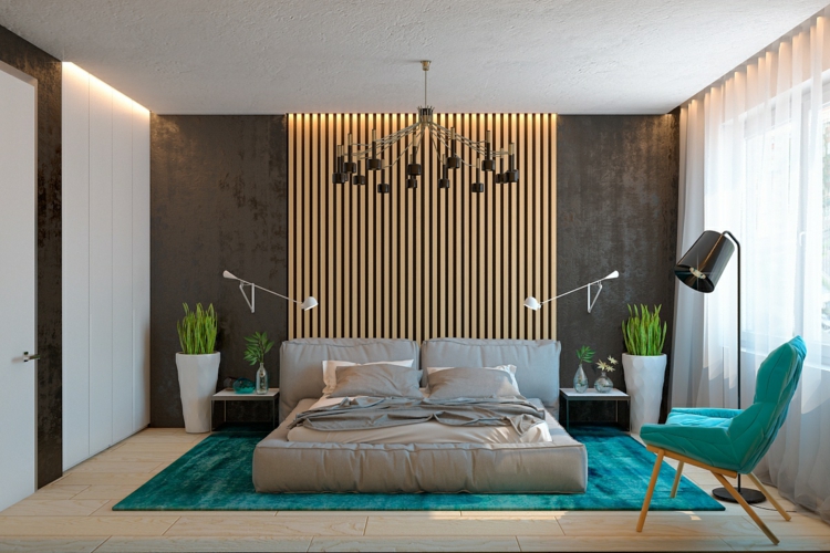 décoration-chambre-adulte-lamelles-bois-tapis-fauteuil-turquoise