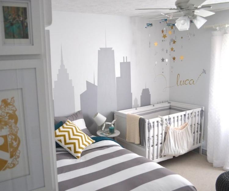 décoration-chambre-bébé-city-skyline-étoiles-fond-gris