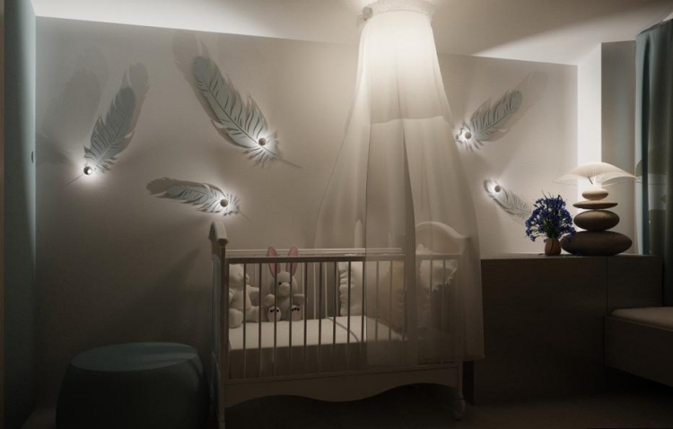 décoration-chambre-bébé-plumes-blanches-spots