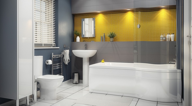 décoration-intérieur-jaune-gris-baignoire-spots-encastres-toilettes-vasque