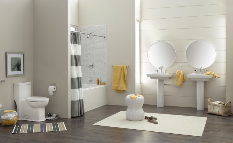 décoration-intérieur-jaune-gris-salle-bains-toilettes-vasque-serviette-miroir
