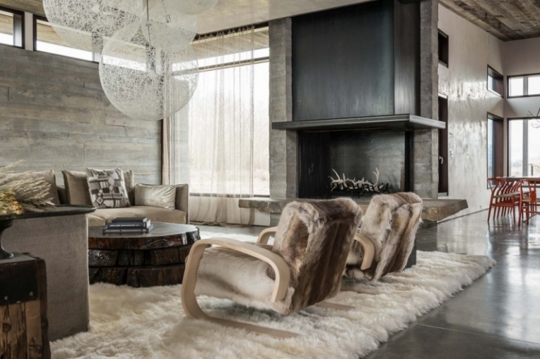 décoration-intérieur salon style rustique moderne fourrure bois pierre