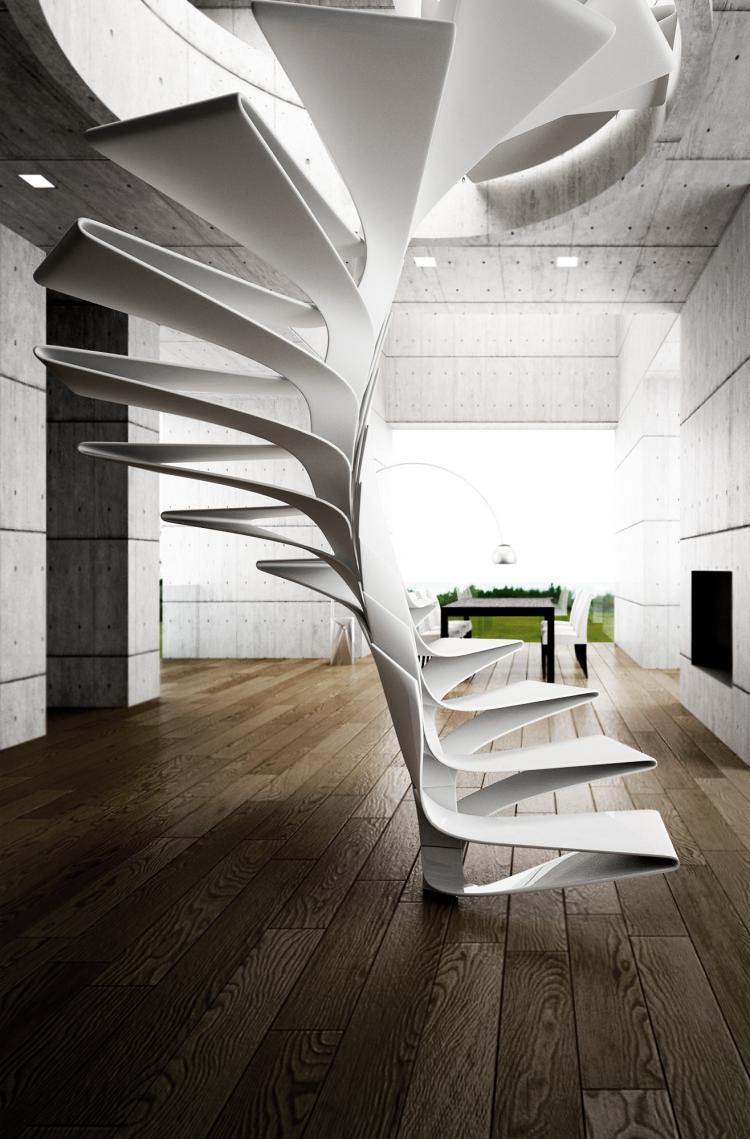 escalier-design-italien-blanc-neige-tournant-sol-parquet