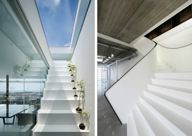 escalier-design-minimaliste-droit-blanc-rampe-forme-organique escalier design minimaliste