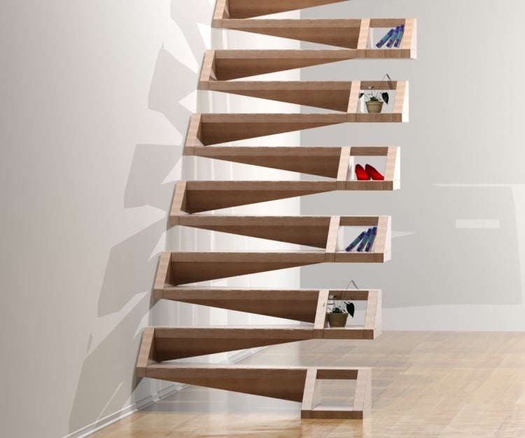 escalier suspendu bois design moderne espace rangement