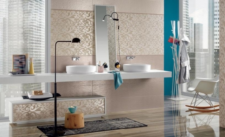 faience-salle-bains-Empreinte-champagne-motifs-arabesques-meuble-rangement