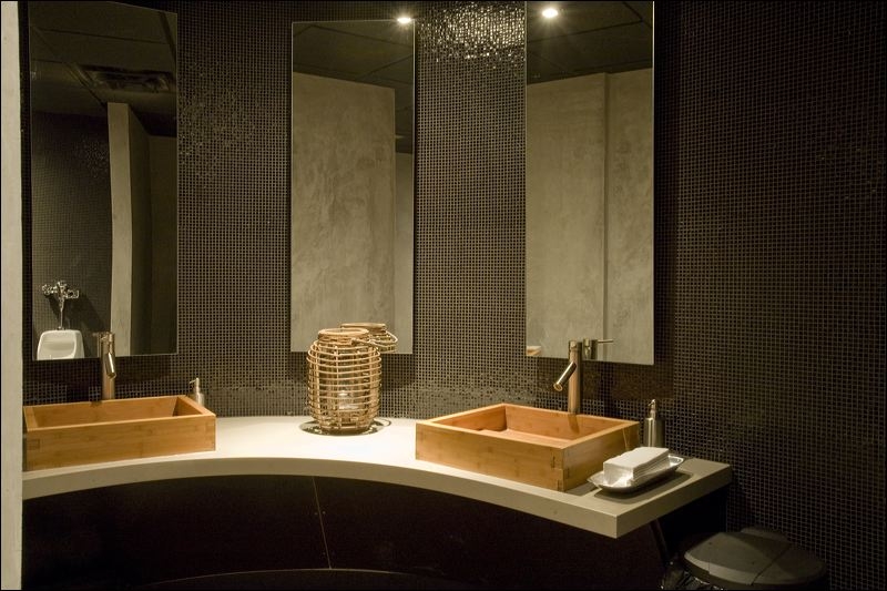 faience-salle-bains-extra-light-mosaique-murale-noire-vasques-bois faïence salle de bains
