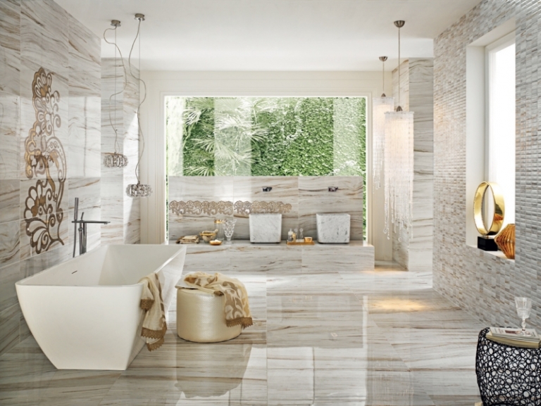 faience-salle-bains-imperiali-imitation-marbre-blanc-gris-mosaique-baignoire-îlot