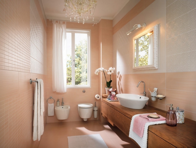 faience-salle-bains-materia-rose-blanc-motifs-géométriques-fins-meuble-vasque-bois