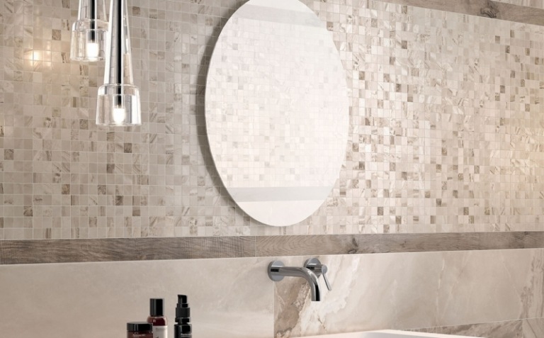 faience-salle-bains-mini-mosaique-beige-marron-miroir-rond