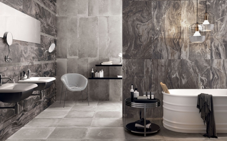 faience-salle-bains-supreme-aspect-marbre-gris-baignoire-îlot-vasques-noir-blanc
