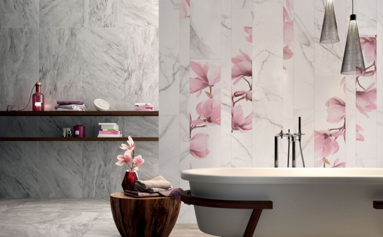 faience-salle-bains-supreme-fleurs-magnolia-gris-rose-moderne faïence salle de bains