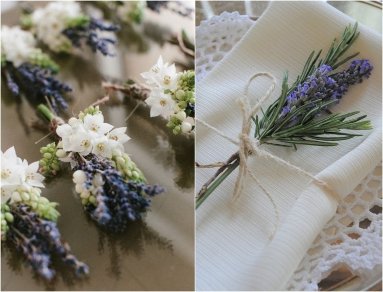 fleurs blanches lavande officinale serviette blanche ficelle