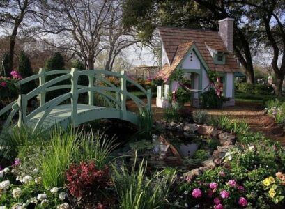 idee-pont-jardin-couleur-turuqoise-fleurs-maison-bassin