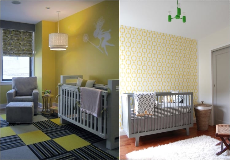 idées décoration chambre bébé gris-blanc-jaune-vert