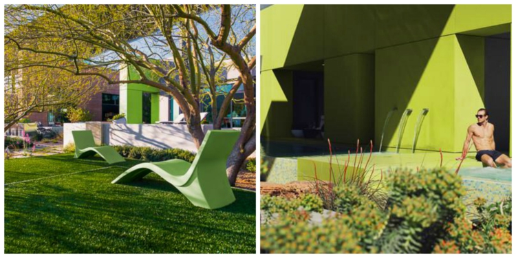 interieur-maison-luxe-jardin-chaises-longues-façade-vert-anis-cascade-piscine