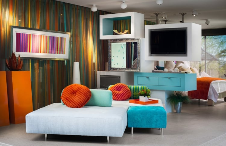 interieur-maison-luxe-panneau-mural-coussins-ronds-modules-muraux-blanc-bleu intérieur maison de luxe