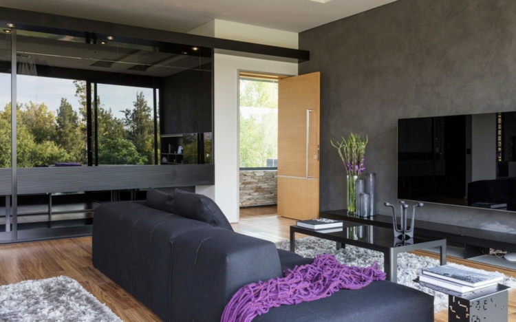 interieur-materiaux-naturels-murs-béton-tapis-gris-clair-canapé-cuir-noir-sol-bois matériaux naturels