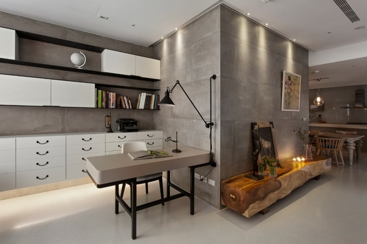 interieur-minimaliste-asiatique-bureau-domicile-meuble-rangement-blanc-mur-béton intérieur minimaliste
