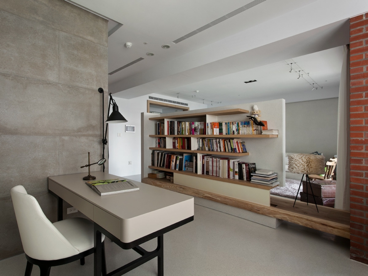 interieur-minimaliste-asiatique-bureau-domicile-mur-béton-lape-noire-étagères intérieur minimaliste 