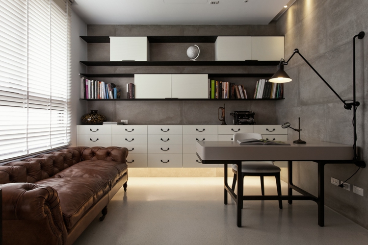 interieur-minimaliste-asiatique-bureua-domicile-canapé-cuir-armoires-étagères intérieur minimaliste