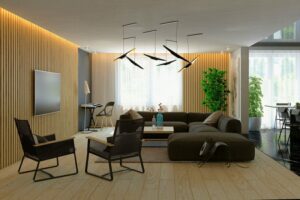 lambris mural design lamelles bois-clair-suspensions-salon