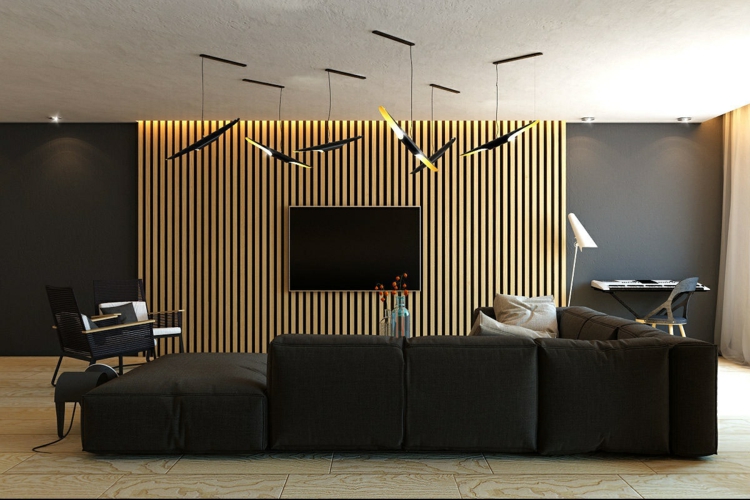 lambris mural lamelles suspensions-canapé-angle-noir-salon