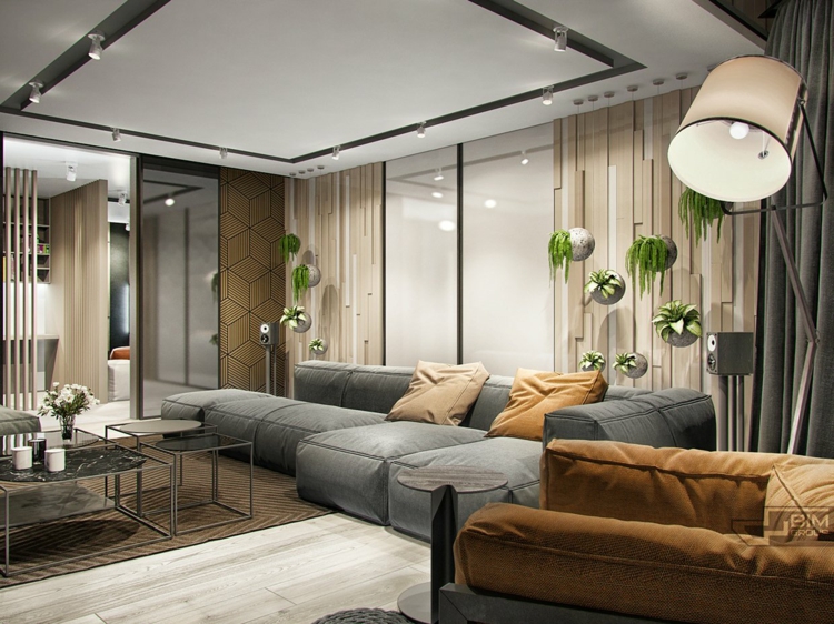 meubles-gris-appartement-canapé-fauteuil-rembourré-pots-fleurs-suspendus