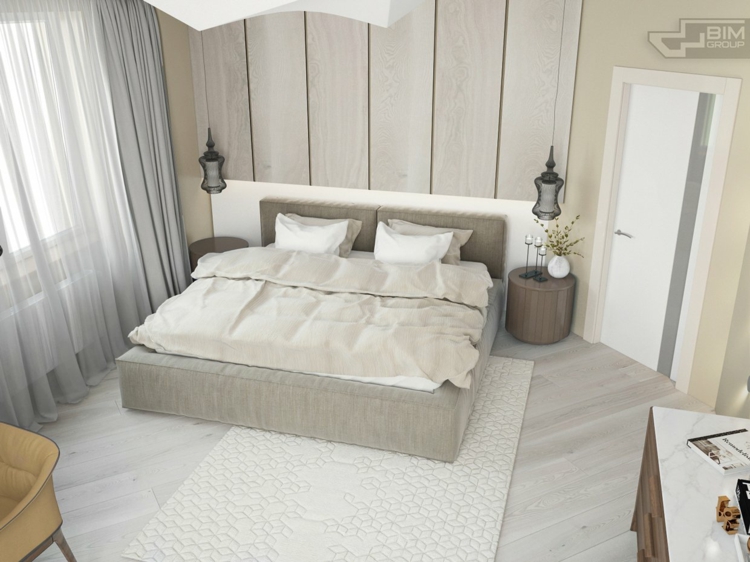 meubles-gris-appartement-chambre-coucher-palette-neutre-lit-gris-panneau-mural-bois meubles gris