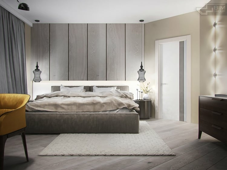 meubles-gris-appartement-chambre-coucher-suspenisons-tapis-blanc-lit-gris-panneau-mural meubles gris